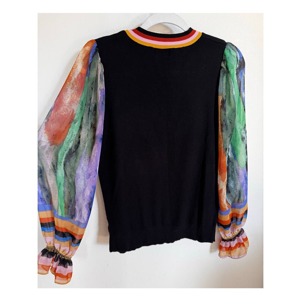 Fate Women's Color Block Sheer Artsy‎ Ruffled Sleeve Crewneck Sweater Size Small